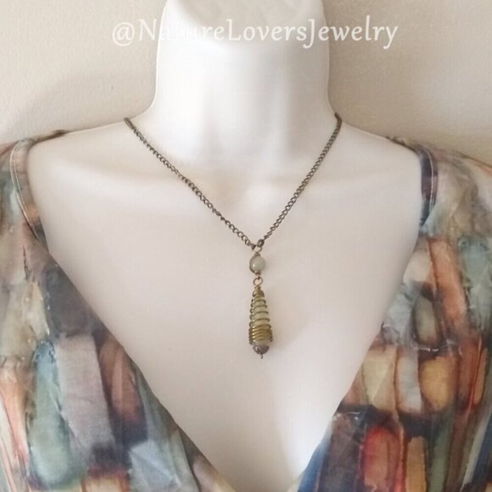 Earth Mother Sage Agate Pendant • Woodland Herbal Green Caged Teardrop Necklace - Picture 11 of 14